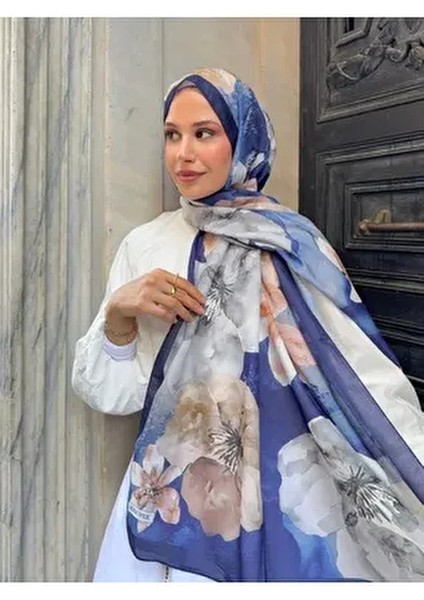 Gül Desen Pamuk Şal Lacivert PS75