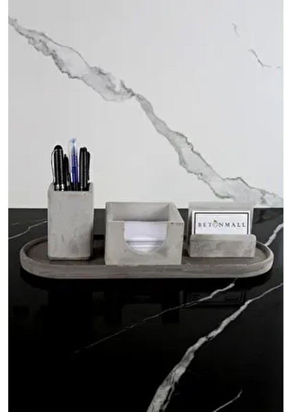 4 Parça Mermer Desenli Beton Ofis Seti Masaüstü Kalemlik Kartvizitlik Notluk