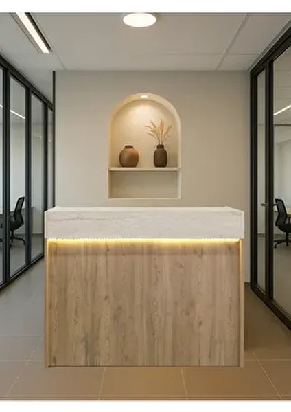 Wilko Çekmeceli LED Işıklı Karşılama Bankosu 110CM Sepet Traverten Kasa Resepsiyon Masası Ofis Banko