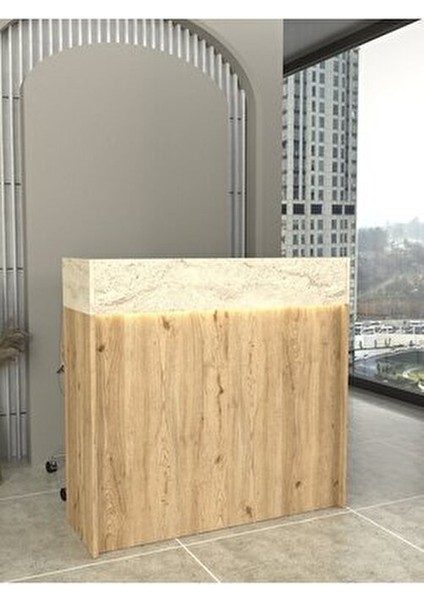 Wilko Çekmeceli LED Işıklı Karşılama Bankosu 110CM Sepet Traverten Kasa Resepsiyon Masası Ofis Banko modelleri