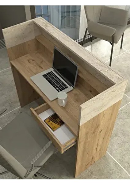 Wilko Çekmeceli LED Işıklı Karşılama Bankosu 110CM Sepet Traverten Kasa Resepsiyon Masası Ofis Banko fırsatları