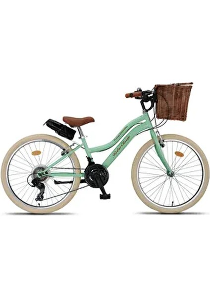 Retro Classic 24 Jant Bisiklet, Shimano 21 Vites, Hasır Sepetli Vintage Şehir Bisikleti Krem Lastik
