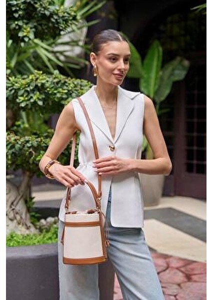 Kanvas-Taba Kadın Kontrast Dikişli Kova El ve Omuz Çanta fırsatları