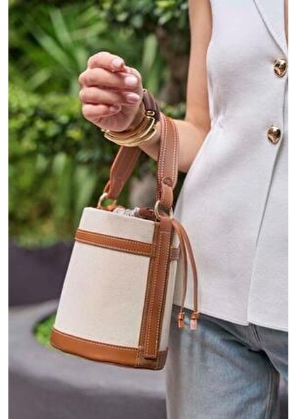Kanvas-Taba Kadın Kontrast Dikişli Kova El ve Omuz Çanta indirimleri