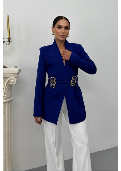 Kadın Blazer Ceket Şık Kruvaze Yaka Vatkalı Gold Kemer Detaylı Ceket