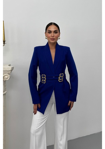 Kadın Blazer Ceket Şık Kruvaze Yaka Vatkalı Gold Kemer Detaylı Ceket fiyatları