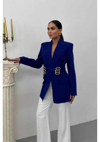 Kadın Blazer Ceket Şık Kruvaze Yaka Vatkalı Gold Kemer Detaylı Ceket modelleri