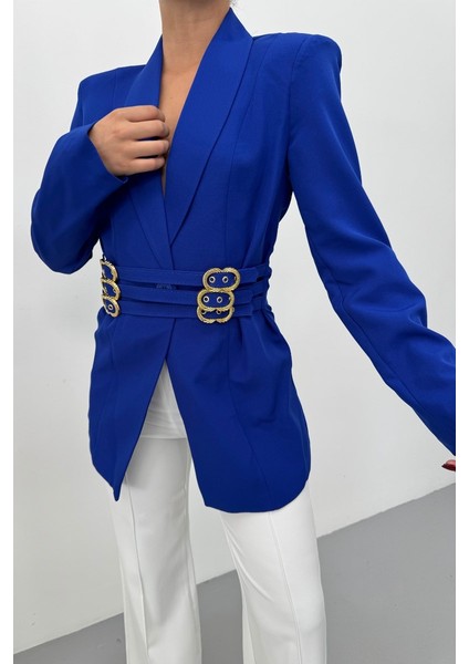 Kadın Blazer Ceket Şık Kruvaze Yaka Vatkalı Gold Kemer Detaylı Ceket fırsatları