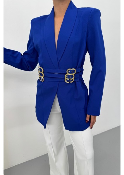 Kadın Blazer Ceket Şık Kruvaze Yaka Vatkalı Gold Kemer Detaylı Ceket indirimleri