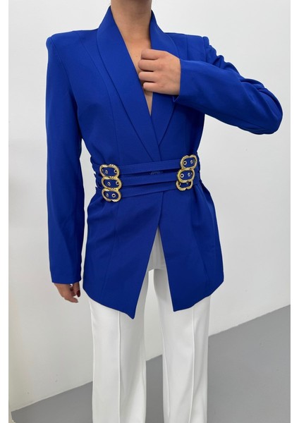 Kadın Blazer Ceket Şık Kruvaze Yaka Vatkalı Gold Kemer Detaylı Ceket