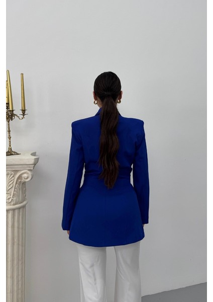 Kadın Blazer Ceket Şık Kruvaze Yaka Vatkalı Gold Kemer Detaylı Ceket