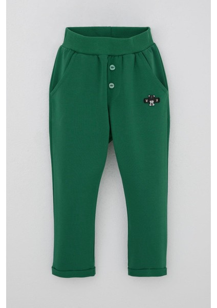 Erkek Bebek Eşofman Altı Ayıcık Armalı Düğme Aksesuarlı 9 Ay-3 Yaş, Koyu Yeşil