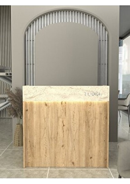 Wilko Çekmeceli LED Işıklı Karşılama Bankosu 110CM Sepet Traverten Kasa Resepsiyon Masası Ofis Banko