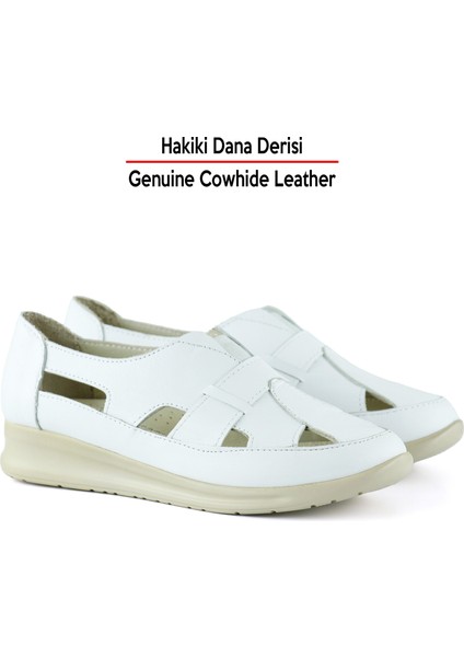 Aida Beyaz Hakiki Dana Derisi Kesik Detaylı Lastikli Slip-On Günlük Ayakkabı fırsatları