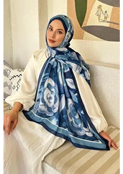 Çiçek Desen Pamuk Şal Gece Mavisi