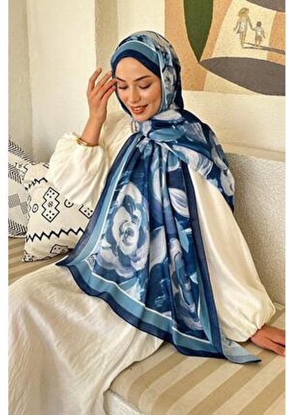 Çiçek Desen Pamuk Şal Gece Mavisi modelleri