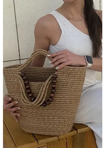 Liora Doğal Ahşap Boncuklu Detaylı Şık Hasır Çanta