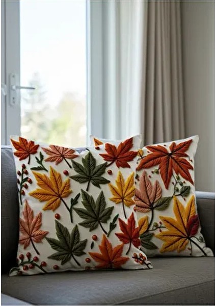 Punch Nakış Desen Dijital Baskılı Sonbahar Temalı Turuncu Sarı Renklerde 2li Kırlent Kılıfı