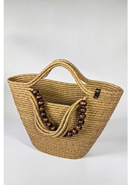 Liora Doğal Ahşap Boncuklu Detaylı Şık Hasır Çanta modelleri