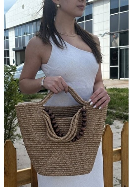 Liora Doğal Ahşap Boncuklu Detaylı Şık Hasır Çanta