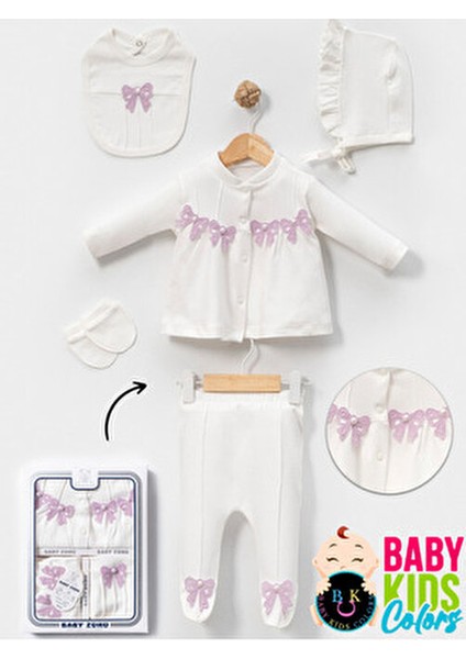 Kutulu - Kız Yenidoğan Kıyafetleri 5'li Hastane Çıkış Setleri Incili %100 Pamuk