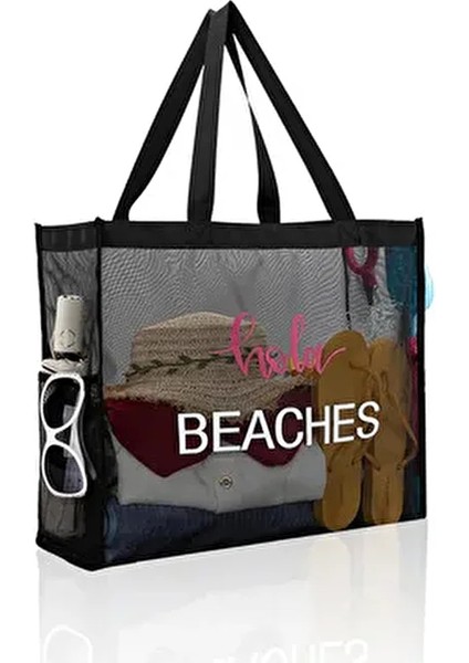 Siyah Büyük Boy File Cepli Kum Tutmayan Kadın Tote Plaj Çantası