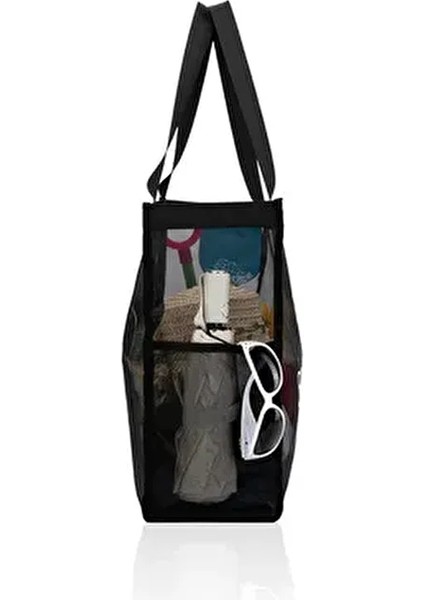 Siyah Büyük Boy File Cepli Kum Tutmayan Kadın Tote Plaj Çantası fiyatları