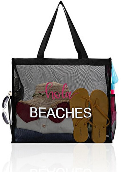 Siyah Büyük Boy File Cepli Kum Tutmayan Kadın Tote Plaj Çantası modelleri