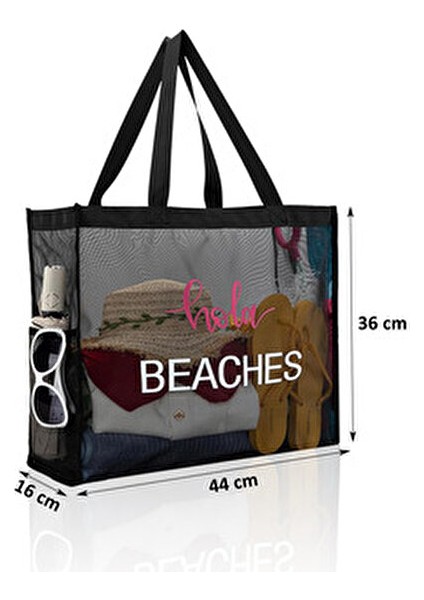 Siyah Büyük Boy File Cepli Kum Tutmayan Kadın Tote Plaj Çantası indirimleri