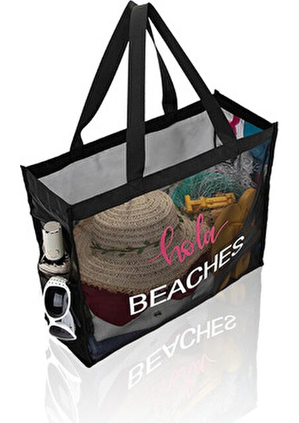 Siyah Büyük Boy File Cepli Kum Tutmayan Kadın Tote Plaj Çantası