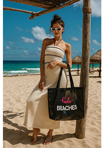 Siyah Büyük Boy File Cepli Kum Tutmayan Kadın Tote Plaj Çantası