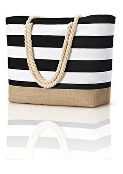 Siyah Su ve Kum Geçirmez Özellikli Jüt Kumaş Detaylı Büyük Boy Plaj Çantası