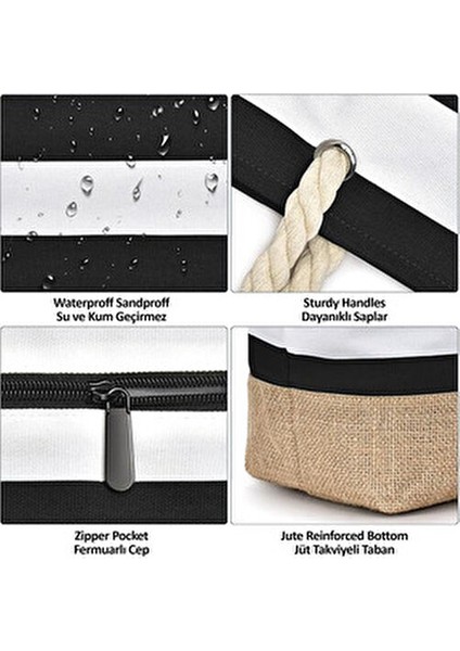 Siyah Su ve Kum Geçirmez Özellikli Jüt Kumaş Detaylı Büyük Boy Plaj Çantası fiyatları