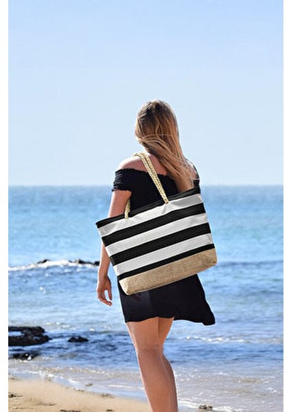 Siyah Su ve Kum Geçirmez Özellikli Jüt Kumaş Detaylı Büyük Boy Plaj Çantası modelleri