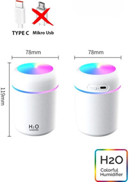 H2O Şarjlı Humidifier 300 ml Ultrasonik Hava Nemlendirici Buhar Makinesi ve Aroma Difüzörü H2O modelleri
