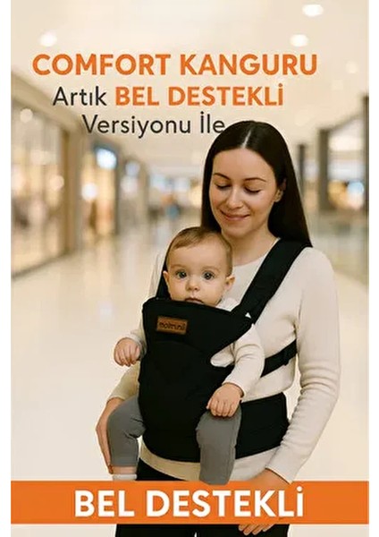 Comfort Bel Destekli Ergonomik Kanguru Siyah Bebek Taşıma Çantası Ana Kucağı Anakucağı Baby Sling