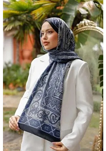Retro Desenli Pamuk Şal Kadın Lacivert Siyah Ps5