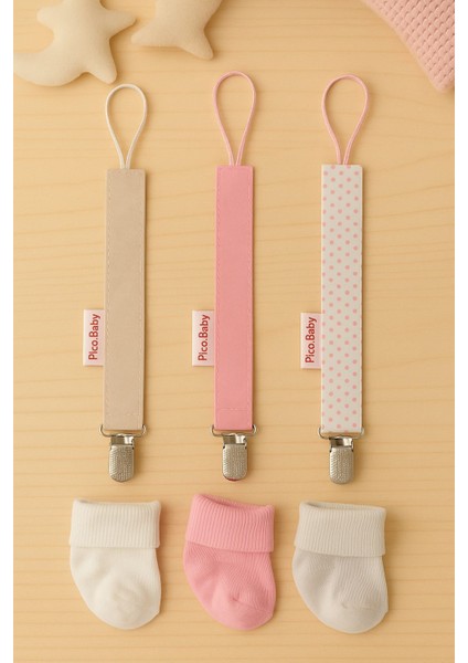 Emzik Askısı 3'lü ve Yenidoğan Kız Bebek Çorabı 3'lü