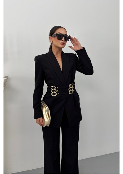 Kadın Blazer Ceket Şık Kruvaze Yaka Vatkalı Gold Kemer Detaylı Ceket fiyatları