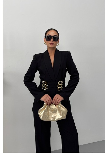 Kadın Blazer Ceket Şık Kruvaze Yaka Vatkalı Gold Kemer Detaylı Ceket fırsatları