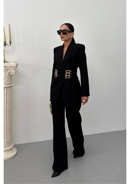 Kadın Blazer Ceket Şık Kruvaze Yaka Vatkalı Gold Kemer Detaylı Ceket indirimleri