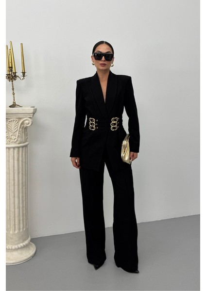 Kadın Blazer Ceket Şık Kruvaze Yaka Vatkalı Gold Kemer Detaylı Ceket