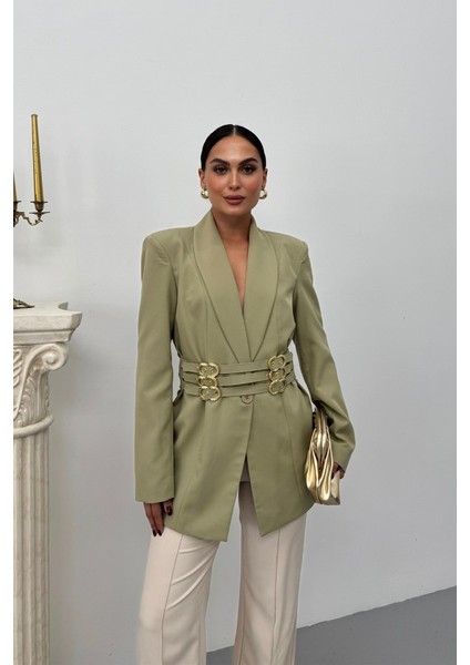 Kadın Blazer Ceket Şık Kruvaze Yaka Vatkalı Gold Kemer Detaylı Ceket