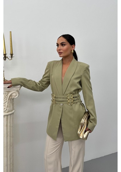 Kadın Blazer Ceket Şık Kruvaze Yaka Vatkalı Gold Kemer Detaylı Ceket fiyatları