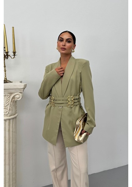 Kadın Blazer Ceket Şık Kruvaze Yaka Vatkalı Gold Kemer Detaylı Ceket modelleri