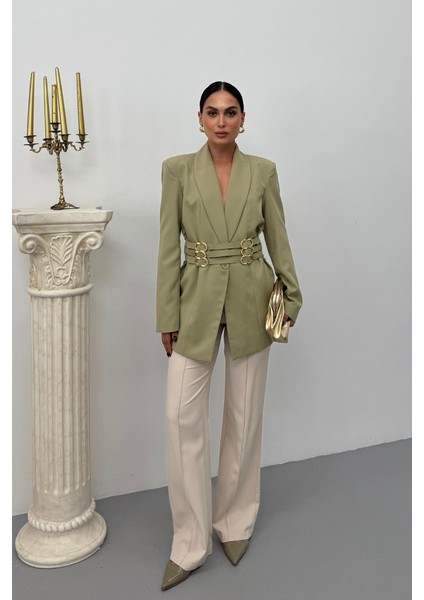 Kadın Blazer Ceket Şık Kruvaze Yaka Vatkalı Gold Kemer Detaylı Ceket indirimleri