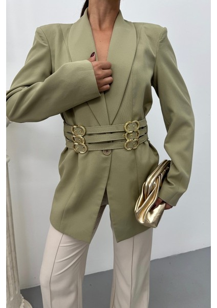 Kadın Blazer Ceket Şık Kruvaze Yaka Vatkalı Gold Kemer Detaylı Ceket