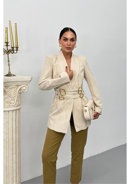 Kadın Blazer Ceket Şık Kruvaze Yaka Vatkalı Gold Kemer Detaylı Ceket