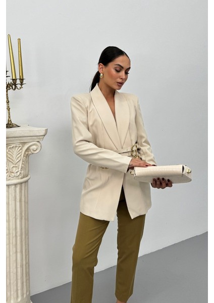 Kadın Blazer Ceket Şık Kruvaze Yaka Vatkalı Gold Kemer Detaylı Ceket fiyatları