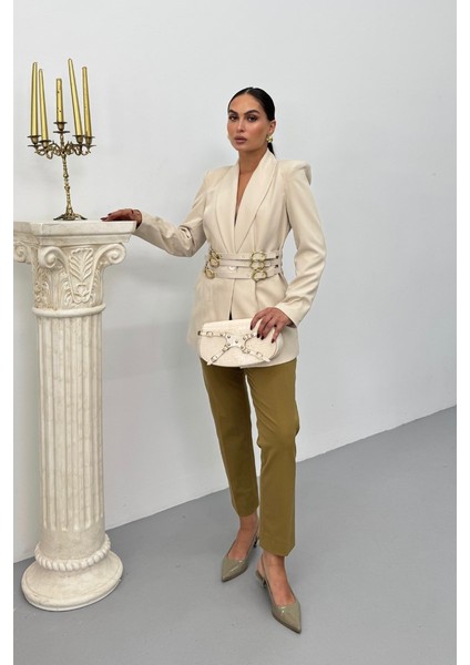 Kadın Blazer Ceket Şık Kruvaze Yaka Vatkalı Gold Kemer Detaylı Ceket fırsatları